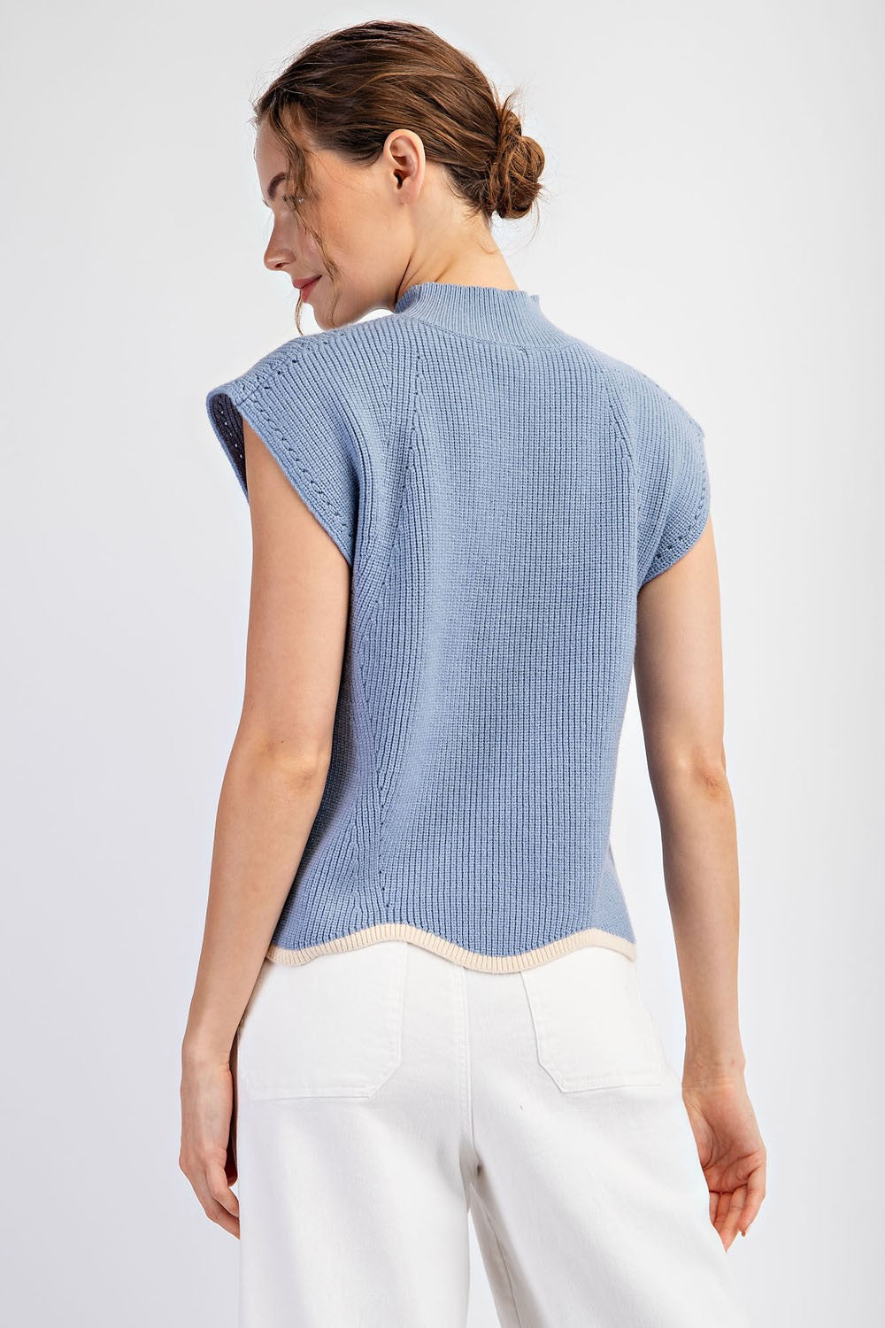 Mock Neck Short Sleeve Sweater | Scallop Trim | Denim Blue & Bubble Pink