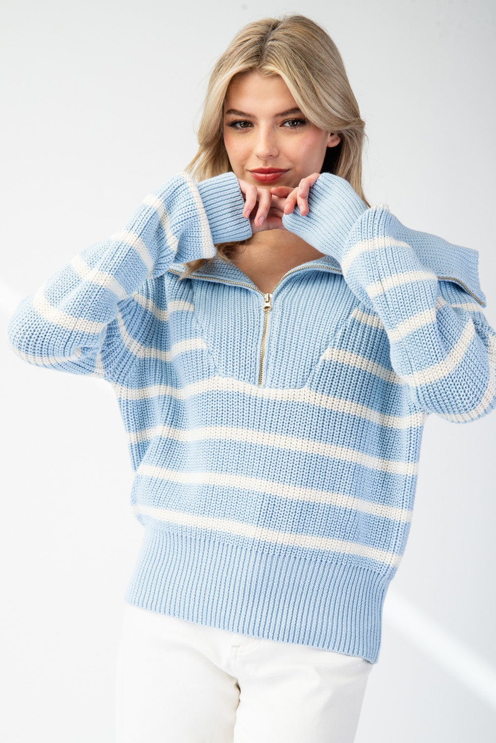 Striped Half Zip Pullover Sweater | Collar Baby Light Blue