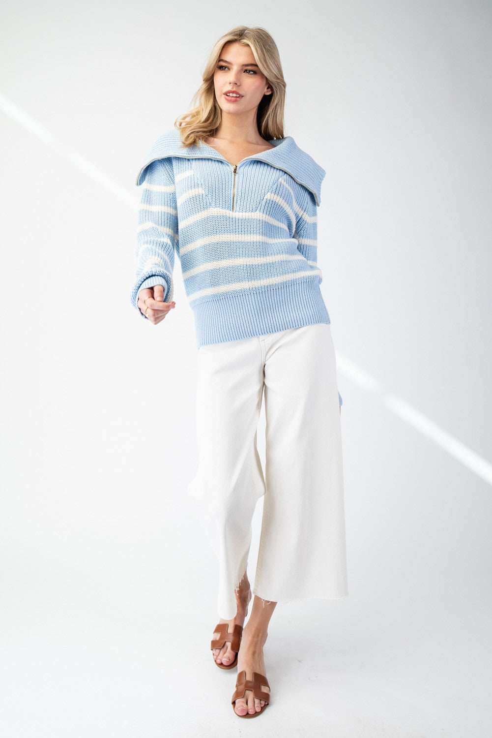 Striped Half Zip Pullover Sweater | Collar Baby Light Blue