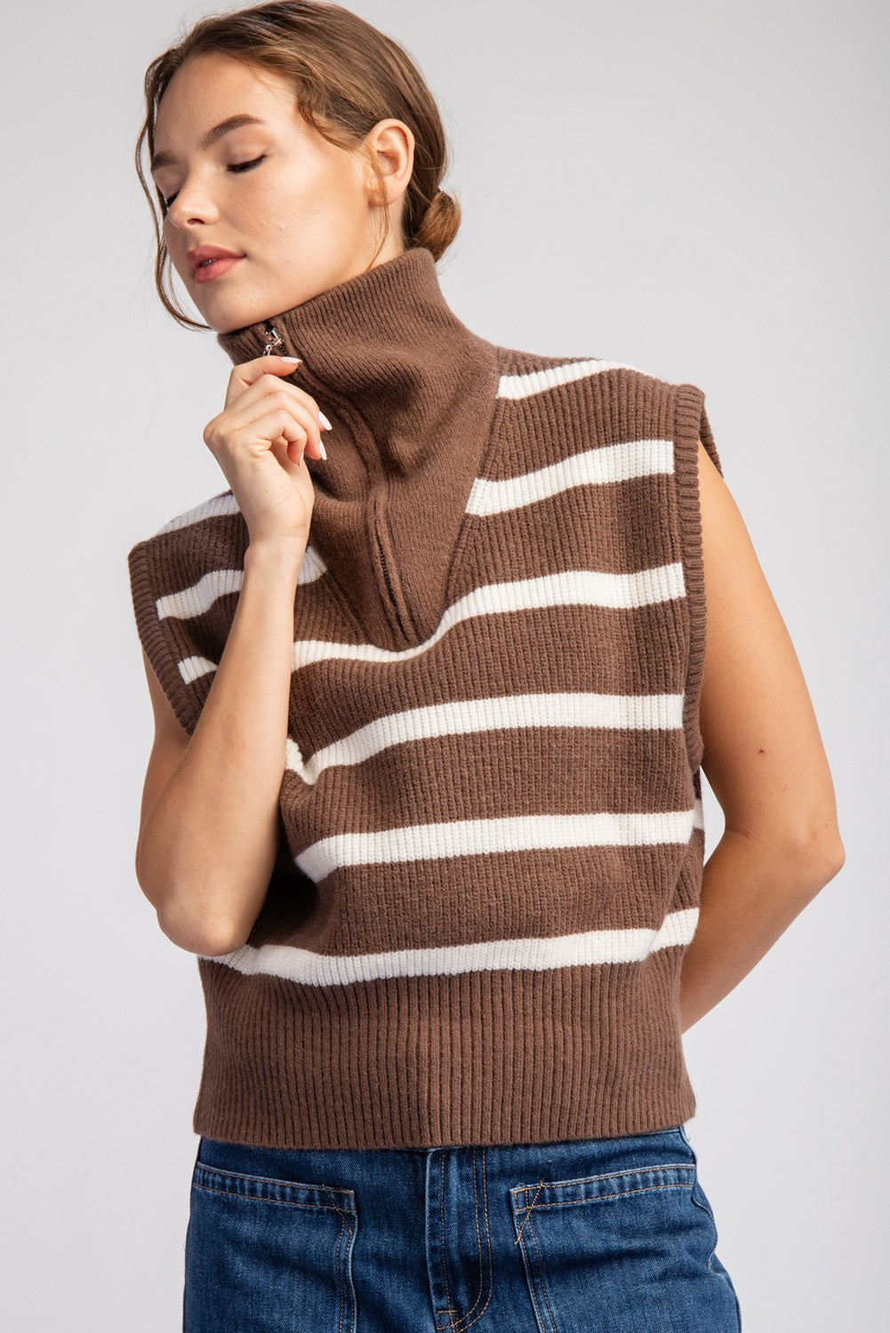 Striped Sweater Vest | Quarter Zip Sleeveless | Mocha Ivory