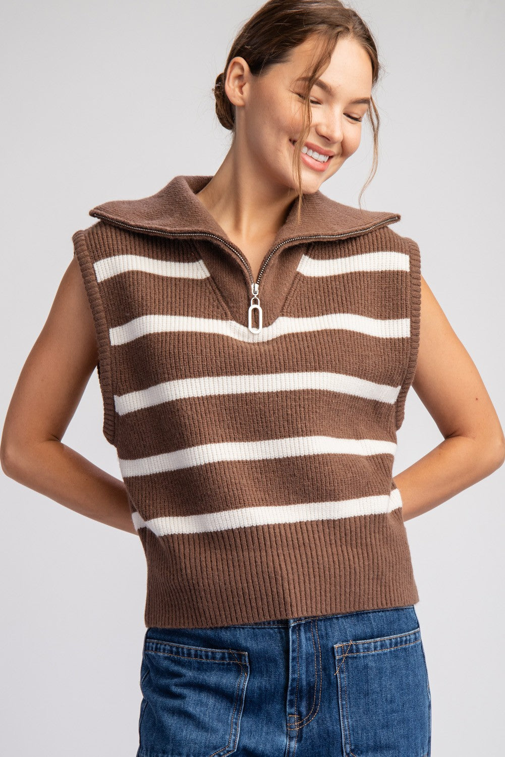 Striped Sweater Vest | Quarter Zip Sleeveless | Mocha Ivory