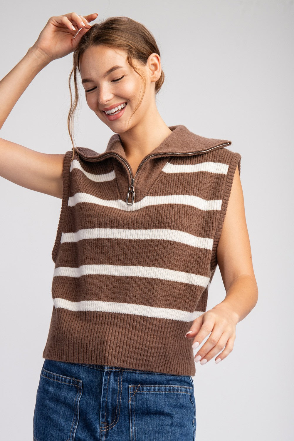 Striped Sweater Vest | Quarter Zip Sleeveless | Mocha Ivory