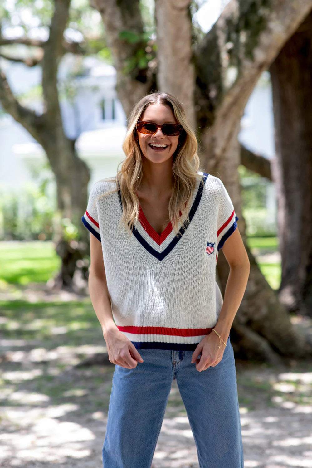 oversized relaxed fit varsity american sweater vest