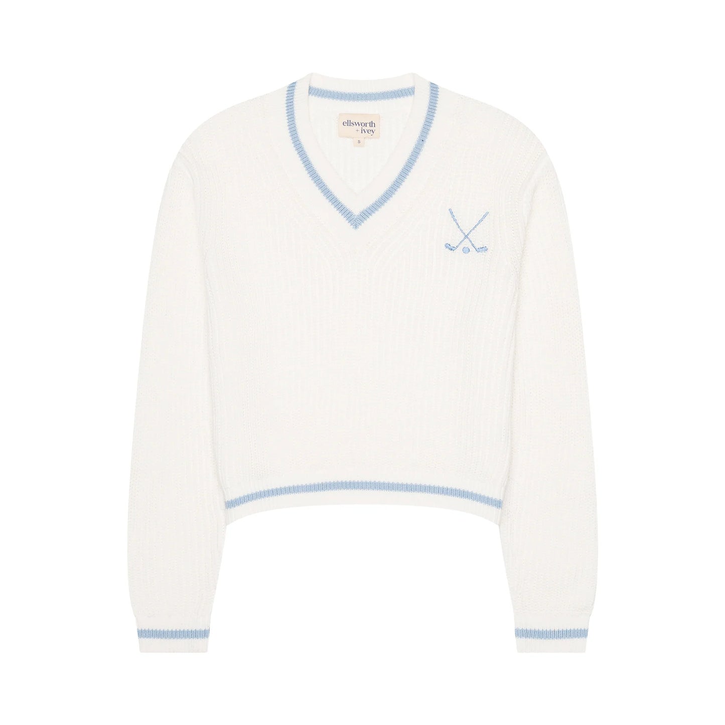 lightweight white knit sweater with baby blue varsity trim and embroidered golf clubs logo