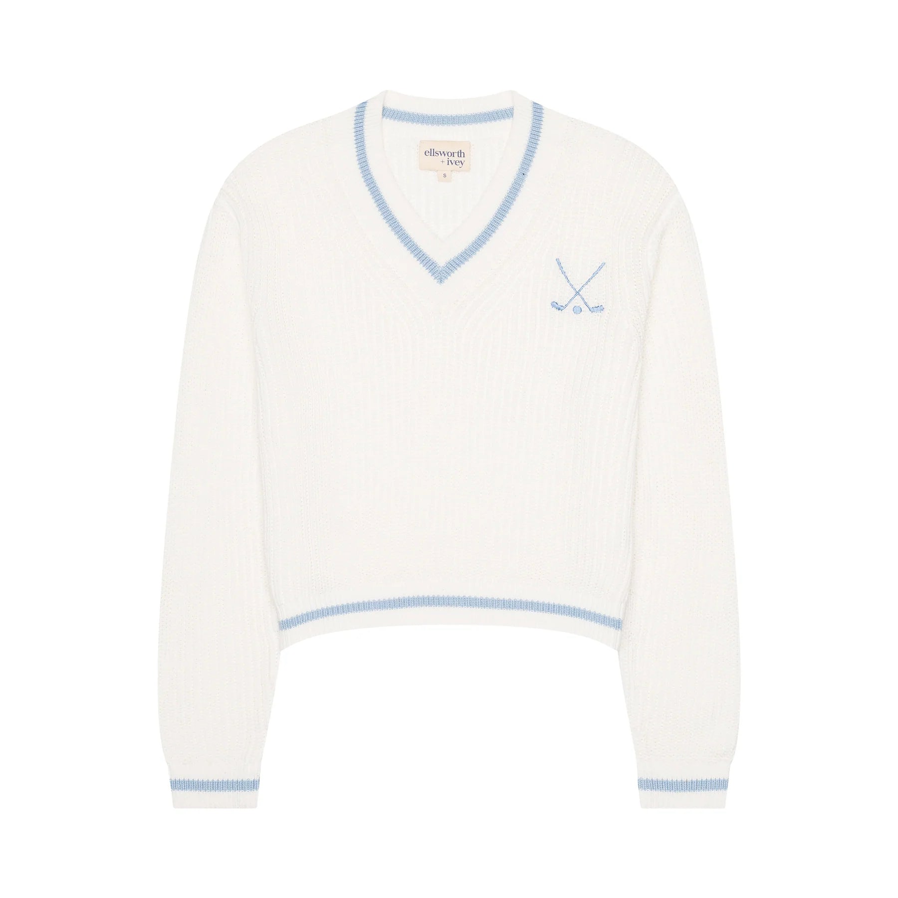 lightweight white knit sweater with baby blue varsity trim and embroidered golf clubs logo