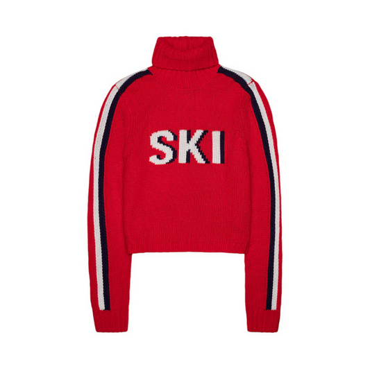 red turtleneck sweater with "ski" letters and navy and white stripe down the sleeves