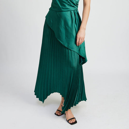 emerald green satin pleated midi skirt with asymetrical hem