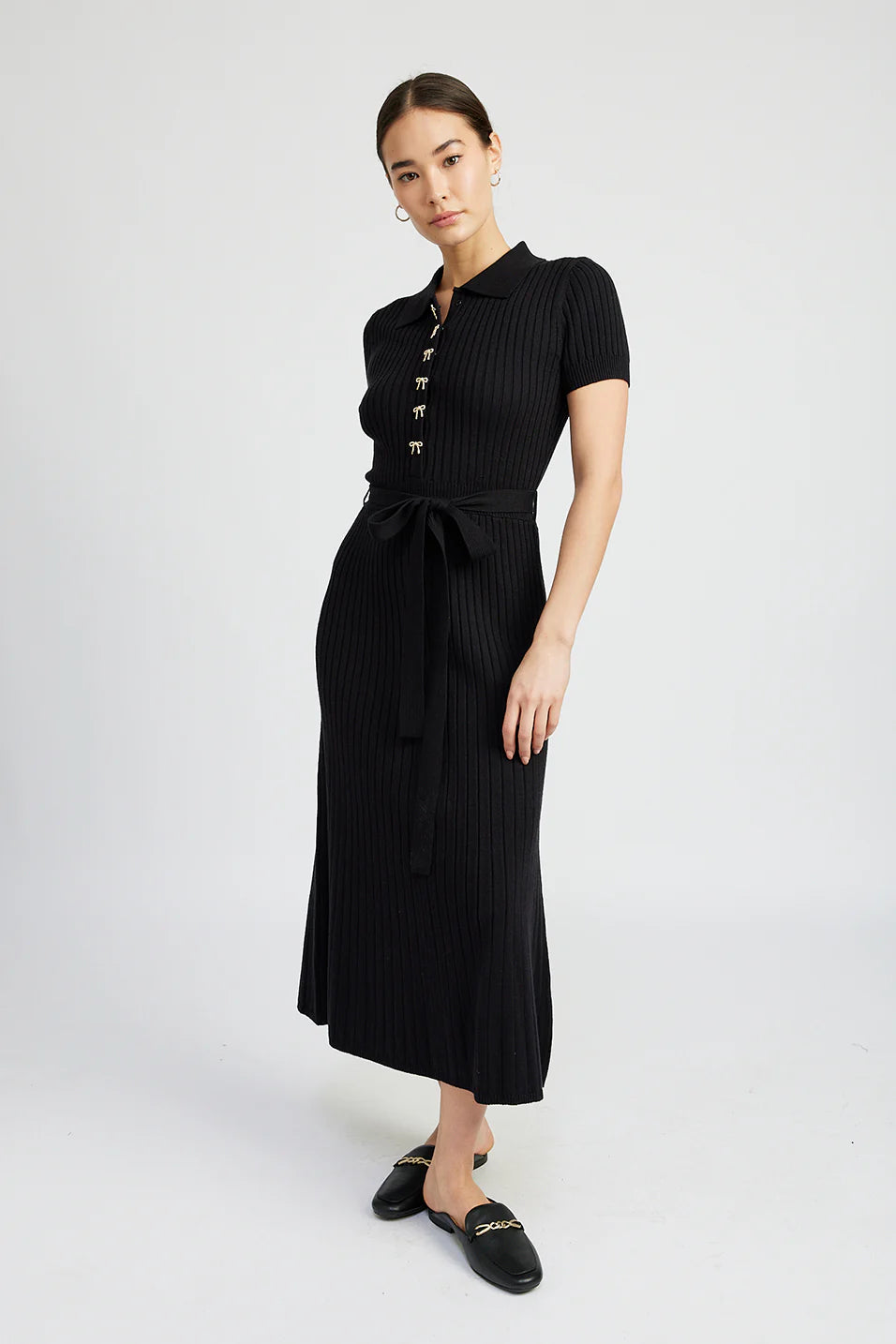 short sleeve knit black midi sweater dress with rhinestone bow buttons