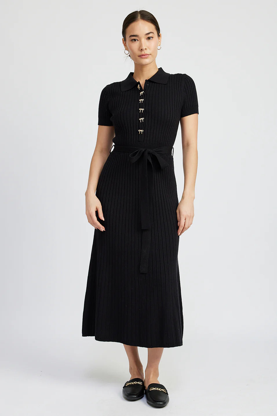 short sleeve knit black midi sweater dress with rhinestone bow buttons