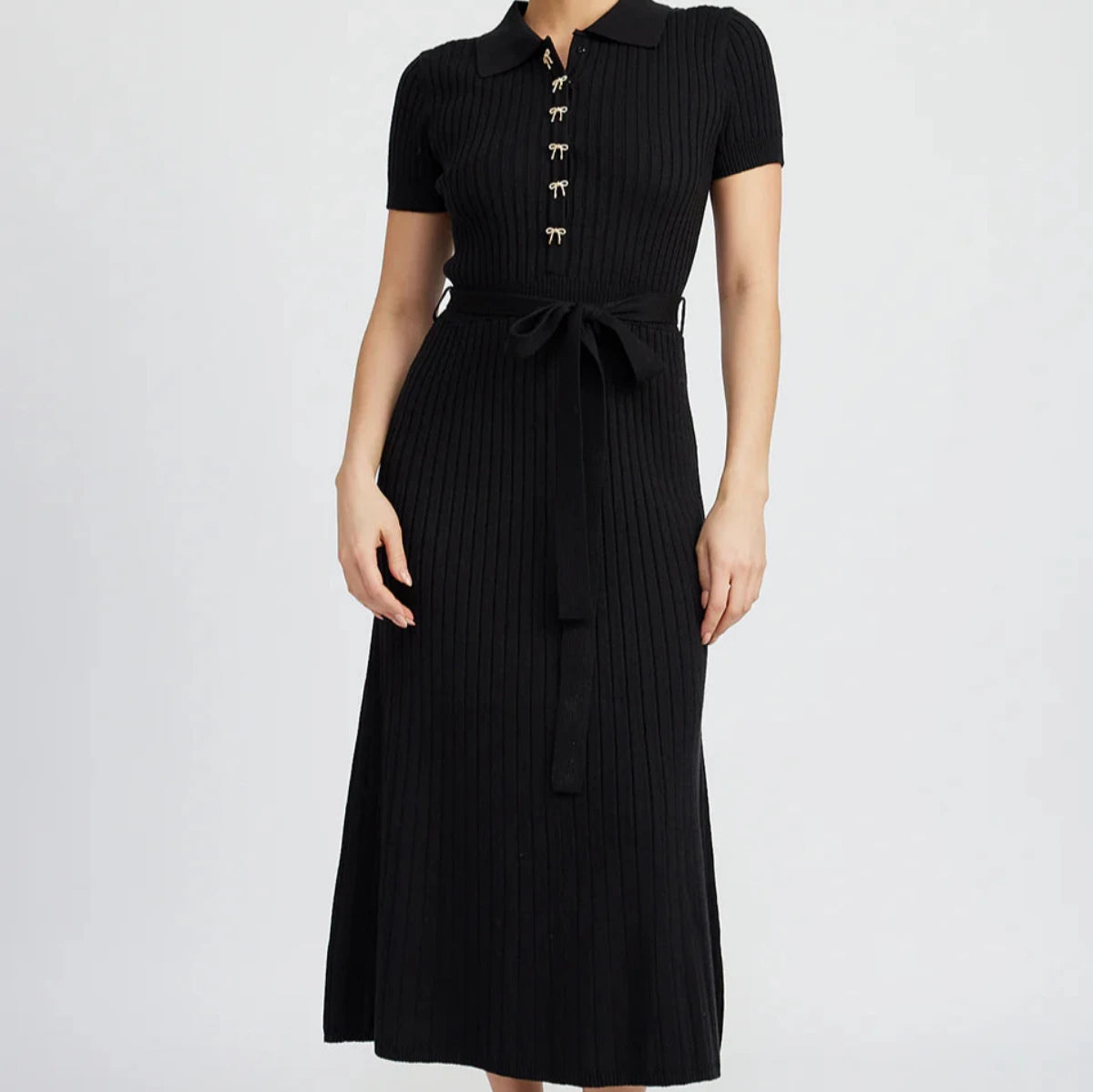 short sleeve knit black midi sweater dress with rhinestone bow buttons