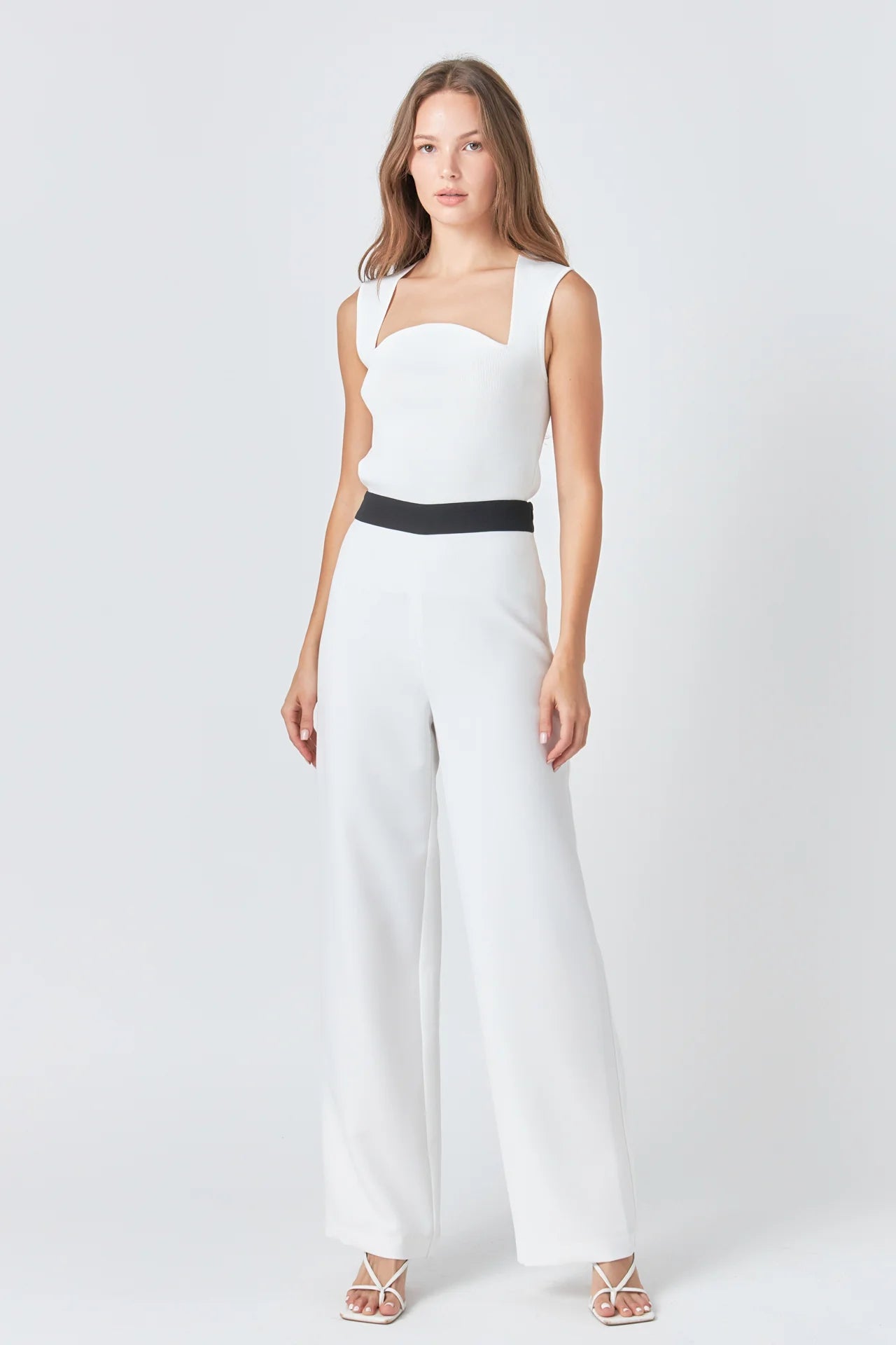 SALE | Contrast Band Relaxed Pants | Flowy Wide Leg Slacks | White with Black Waistband | Endless Rose