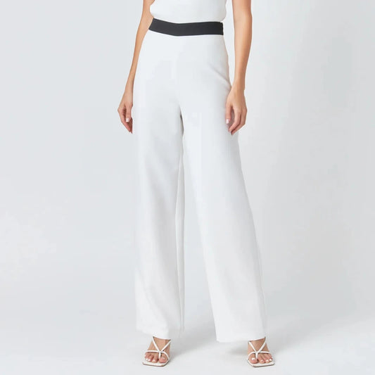 SALE | Contrast Band Relaxed Pants | Flowy Wide Leg Slacks | White with Black Waistband | Endless Rose