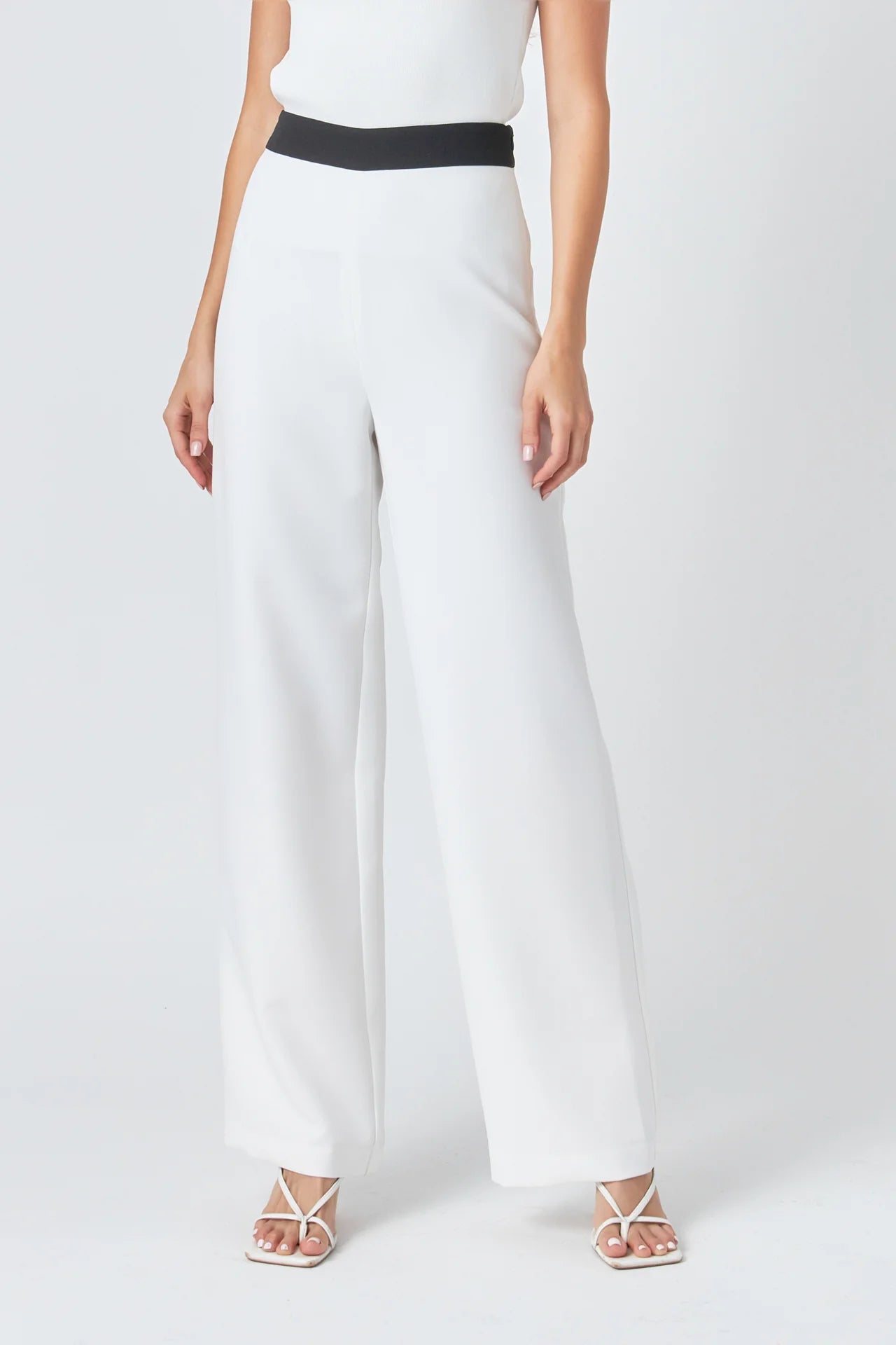 SALE | Contrast Band Relaxed Pants | Flowy Wide Leg Slacks | White with Black Waistband | Endless Rose