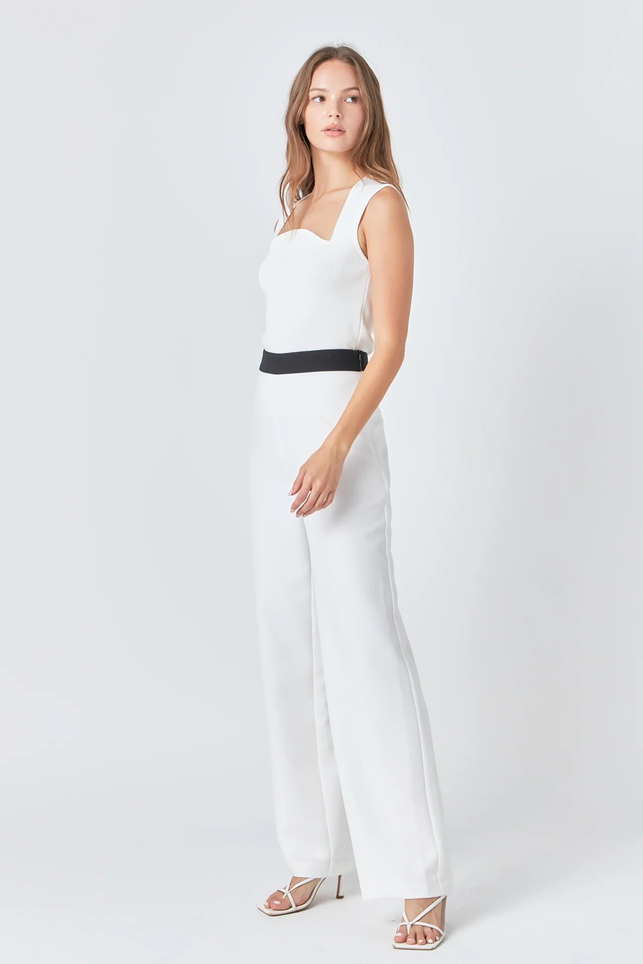 SALE | Contrast Band Relaxed Pants | Flowy Wide Leg Slacks | White with Black Waistband | Endless Rose