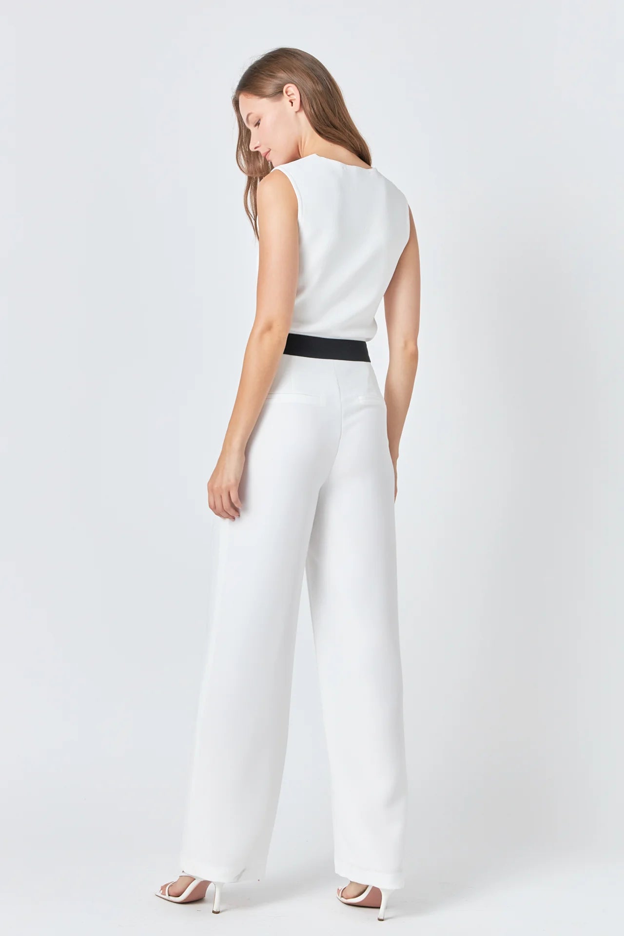 SALE | Contrast Band Relaxed Pants | Flowy Wide Leg Slacks | White with Black Waistband | Endless Rose