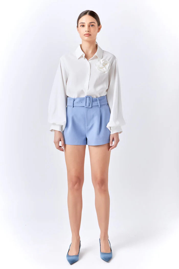 SALE | Belted Tailored High Rise Shorts with Pockets | Chambray Blue | Endless Rose