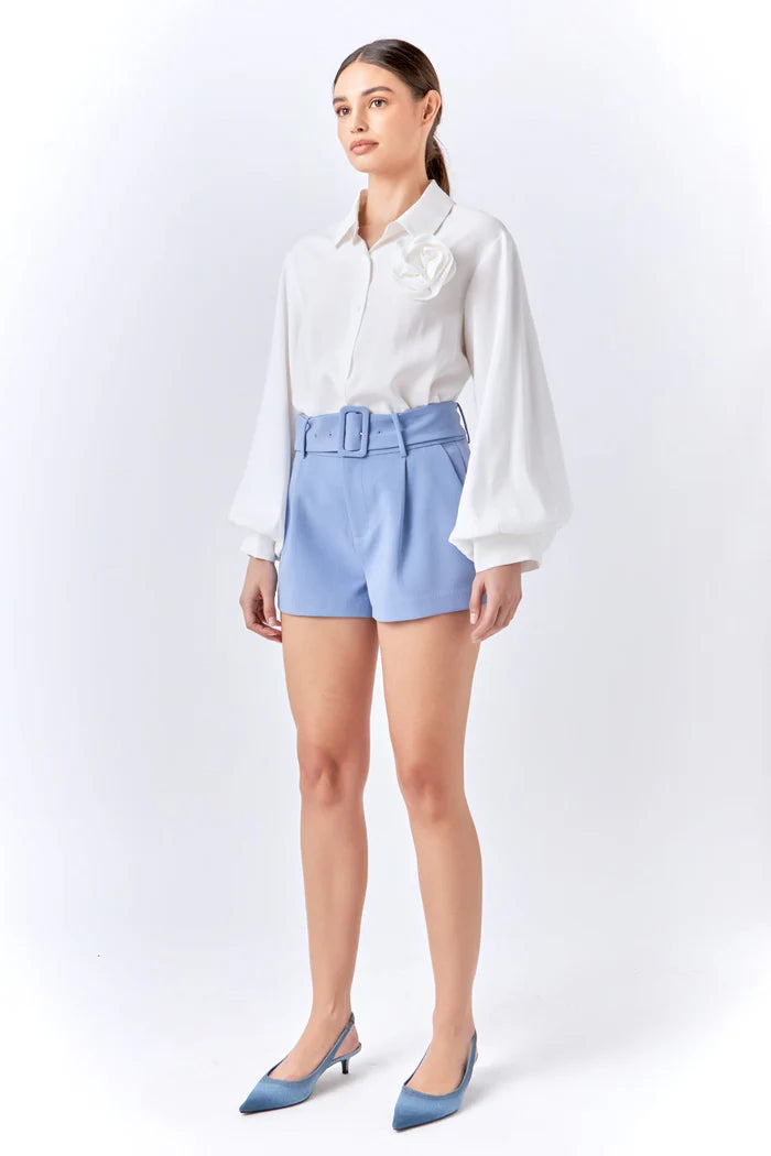 SALE | Belted Tailored High Rise Shorts with Pockets | Chambray Blue | Endless Rose