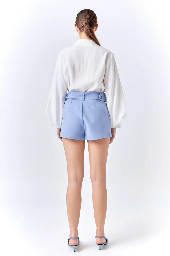 SALE | Belted Tailored High Rise Shorts with Pockets | Chambray Blue | Endless Rose