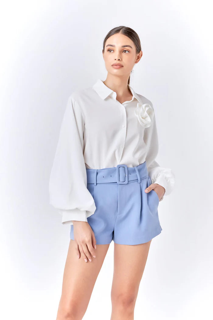 SALE | Belted Tailored High Rise Shorts with Pockets | Chambray Blue | Endless Rose