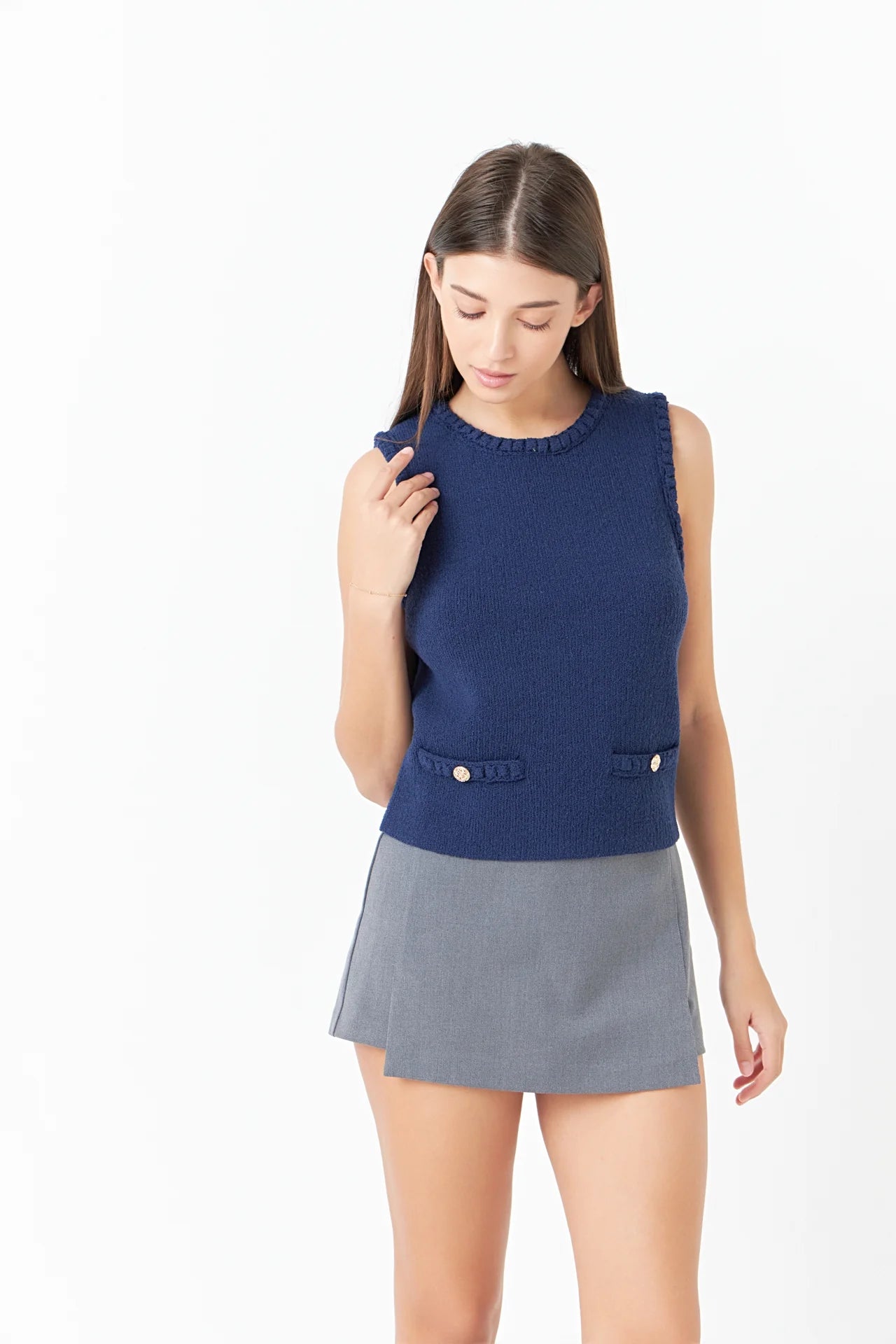 navy tank with gold buttons