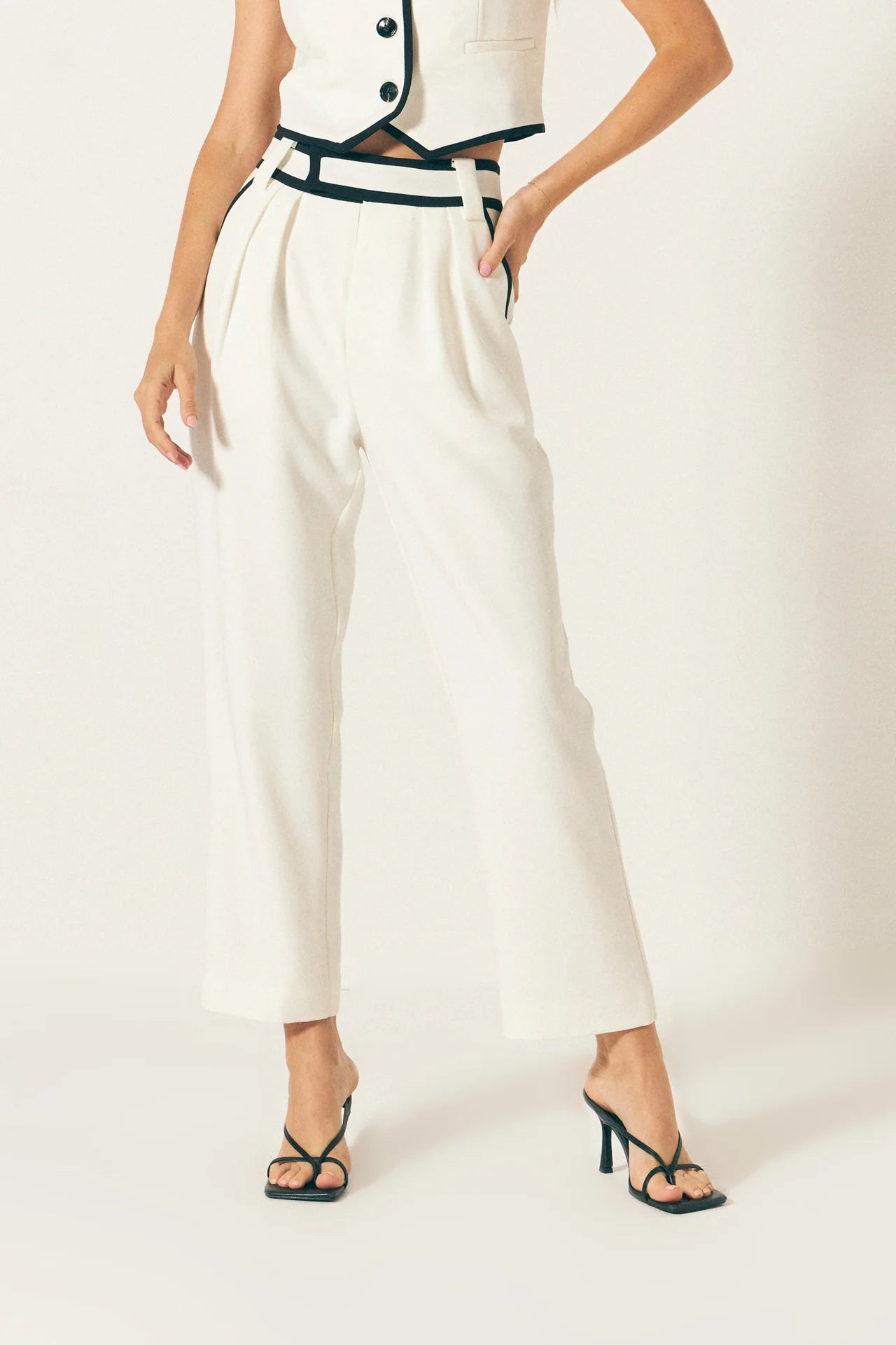 Trousers with Binding Detail | Ivory Slacks with Black Piping | Endless Rose