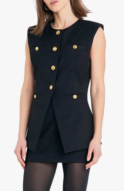 long black vest sleeveless blazer with detail gold buttons