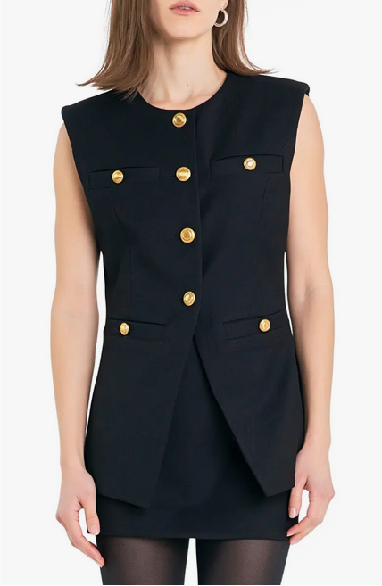 long black vest sleeveless blazer with detail gold buttons