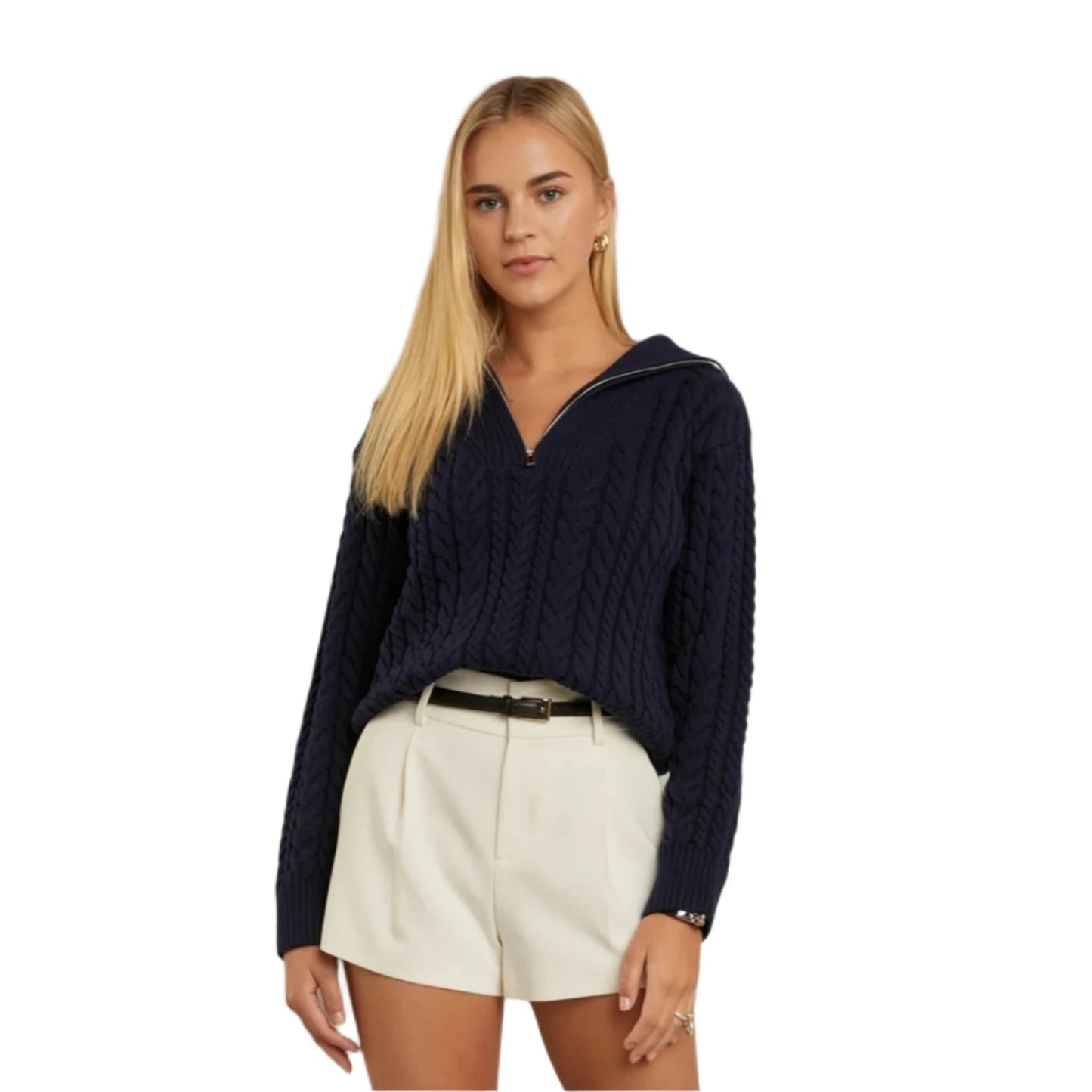 chunky navy cable knit sweater with long sleeves, quarter zip and sailor collar