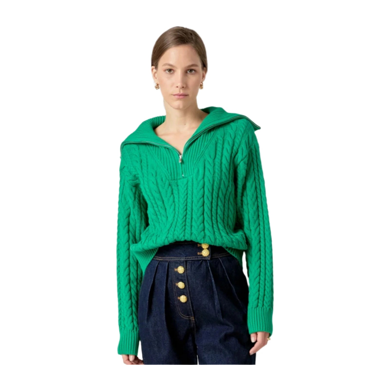 chunky cable knit green sweater with quarter zip and sailor collar