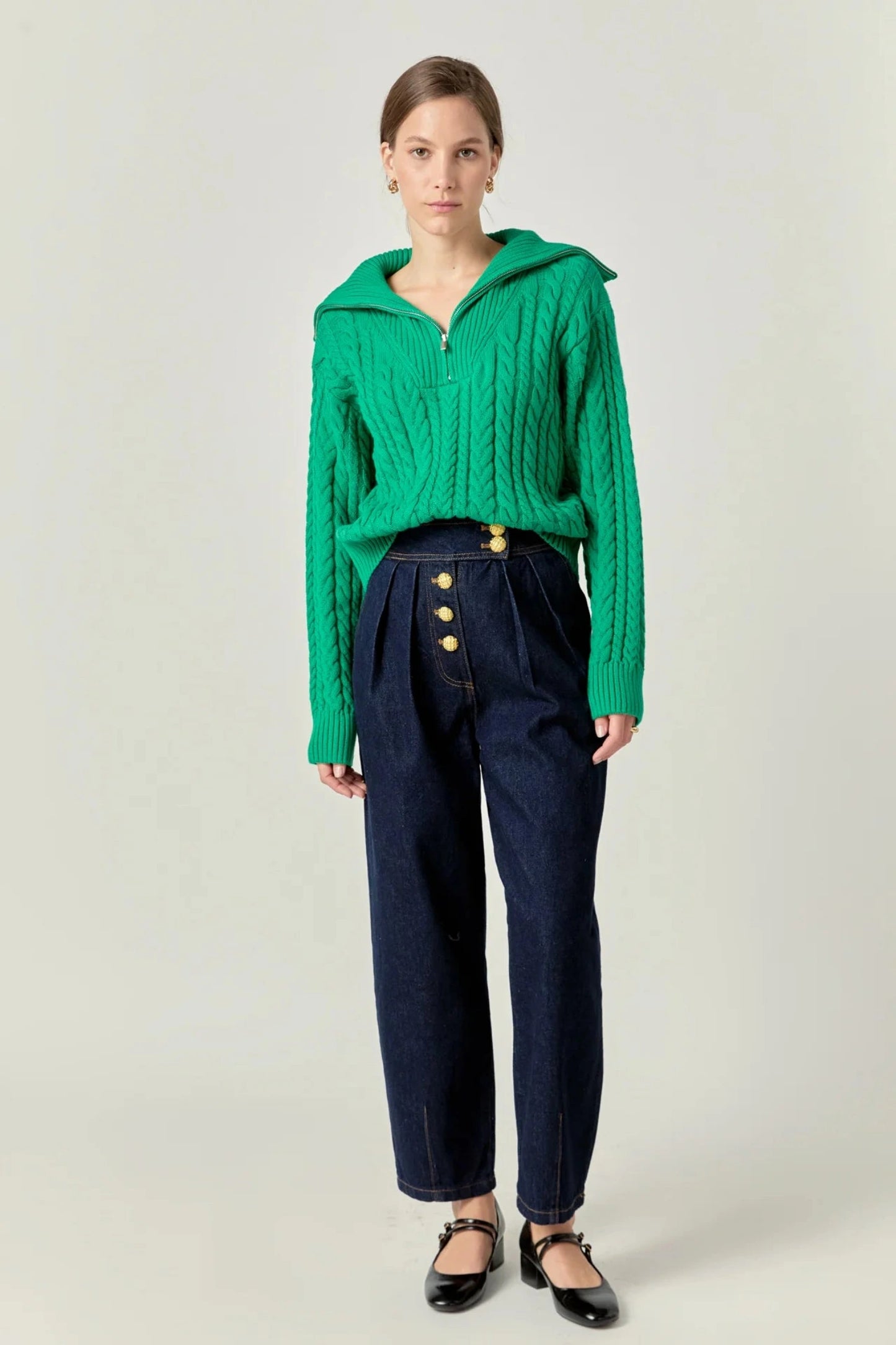 chunky cable knit green sweater with quarter zip and sailor collar