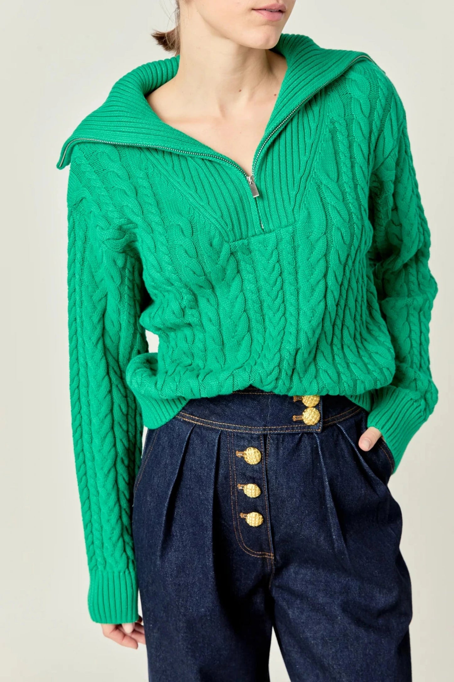 chunky cable knit green sweater with quarter zip and sailor collar