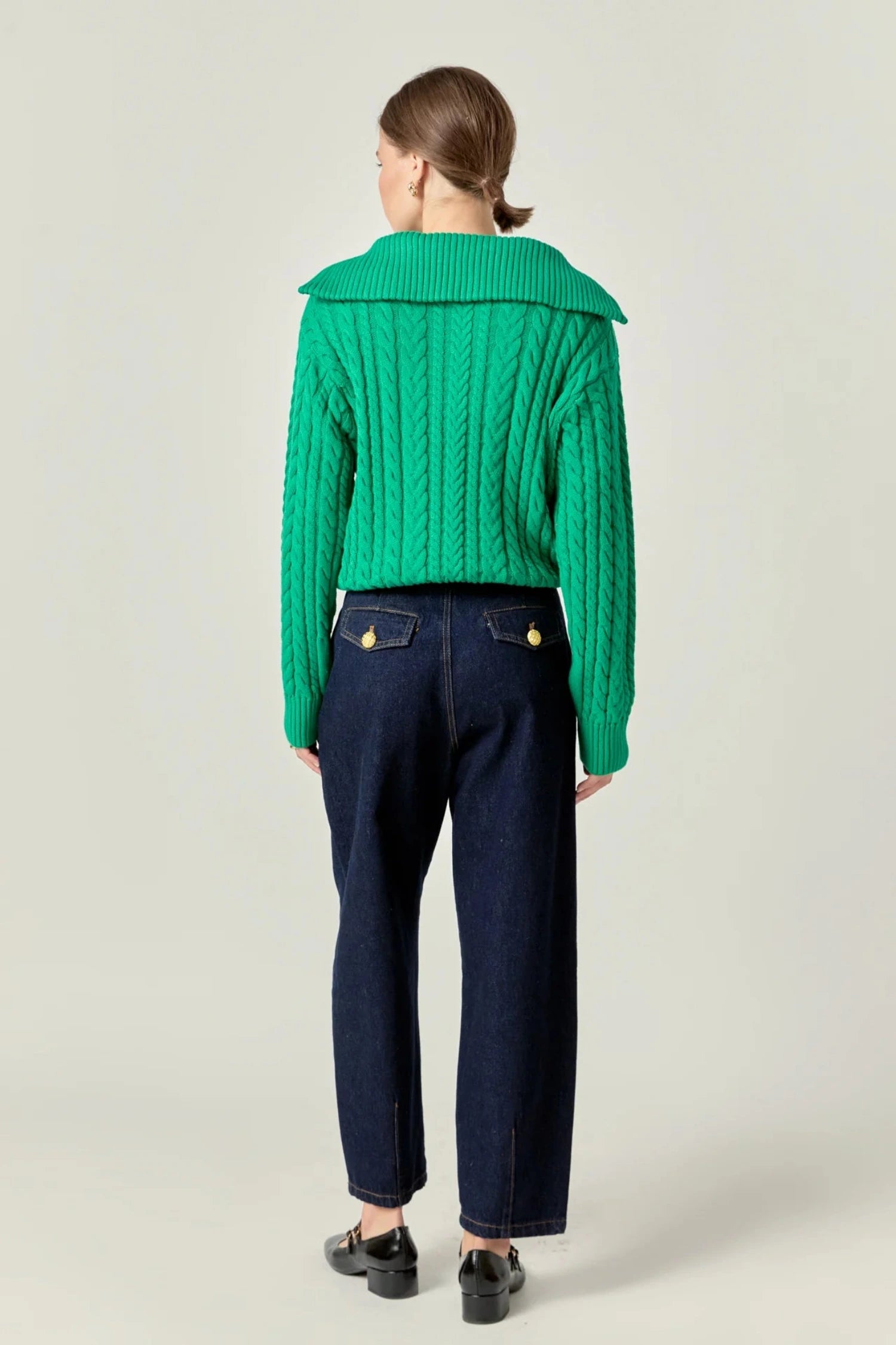 chunky cable knit green sweater with quarter zip and sailor collar