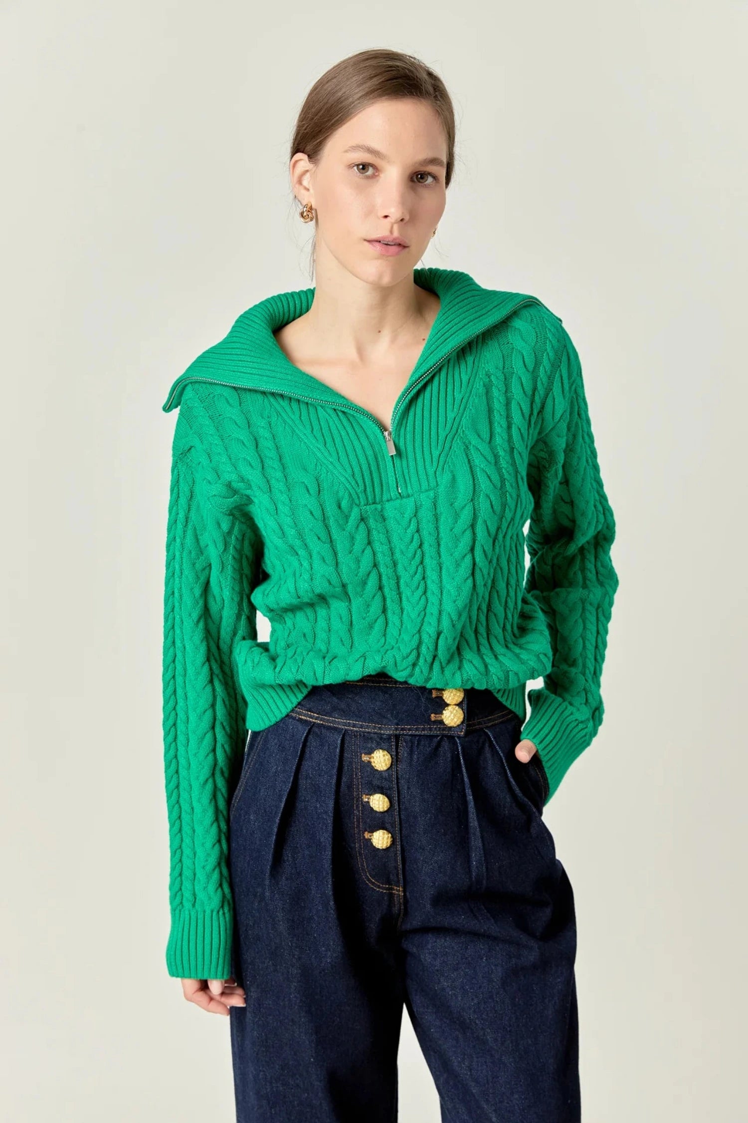 chunky cable knit green sweater with quarter zip and sailor collar