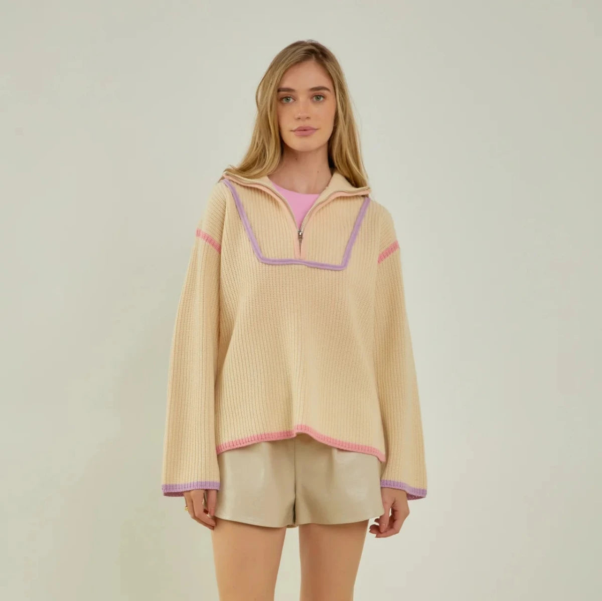 Contrast Piping Quarter-Zip Sweater | Ivory Beige with Purple | English Factory