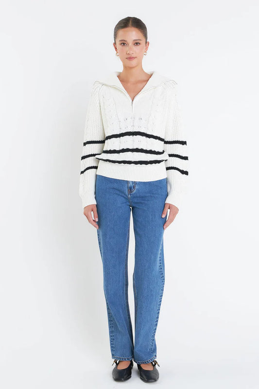 Stripe Zip Up Sweater | Chunky Knit Collar Pullover | White & Black | English Factory