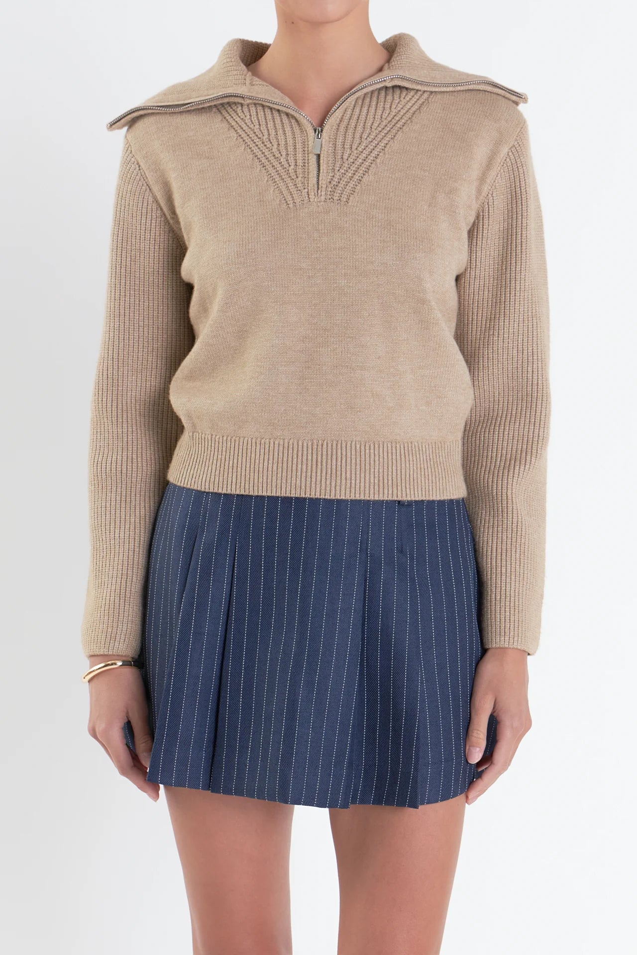 Ribbed Contrast Zip Up Sweater | Collar Pullover | Taupe | English Factory