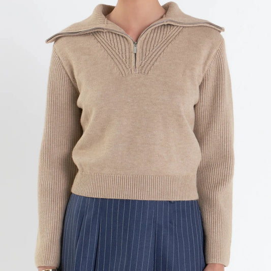 beige quarter zip ribbed knit pullover