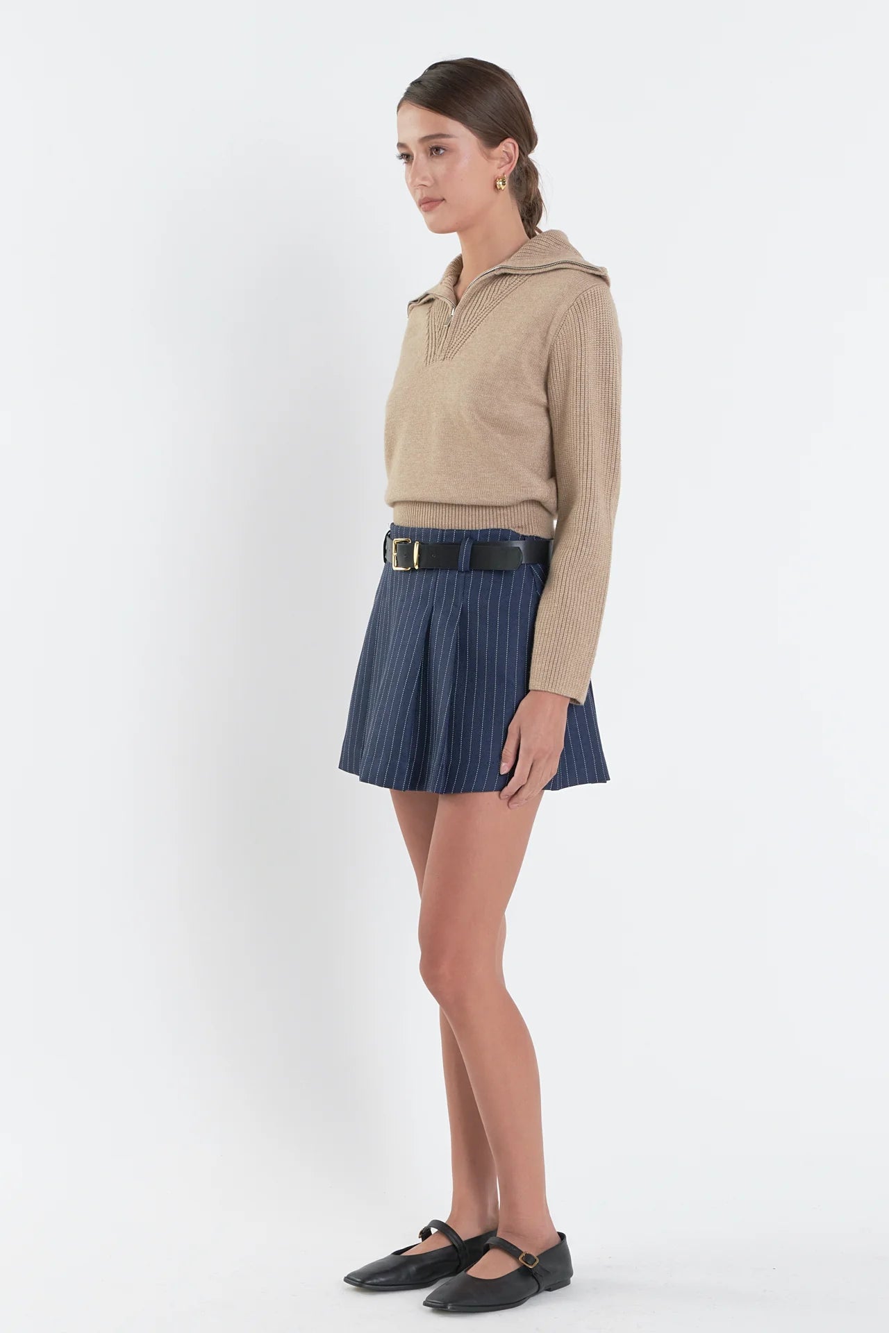 Ribbed Contrast Zip Up Sweater | Collar Pullover | Taupe | English Factory