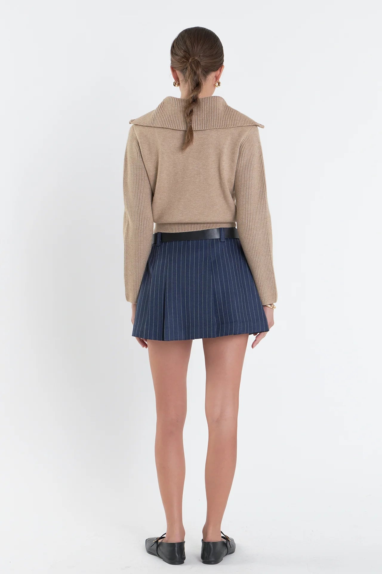 Ribbed Contrast Zip Up Sweater | Collar Pullover | Taupe | English Factory