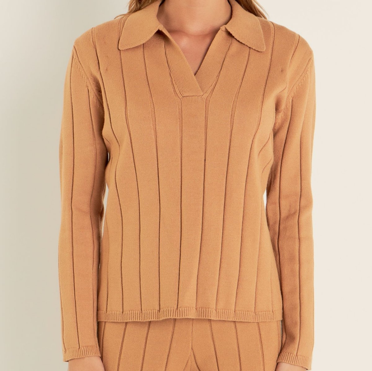 ribbed vneck long sleeve collar sweater honey camel color