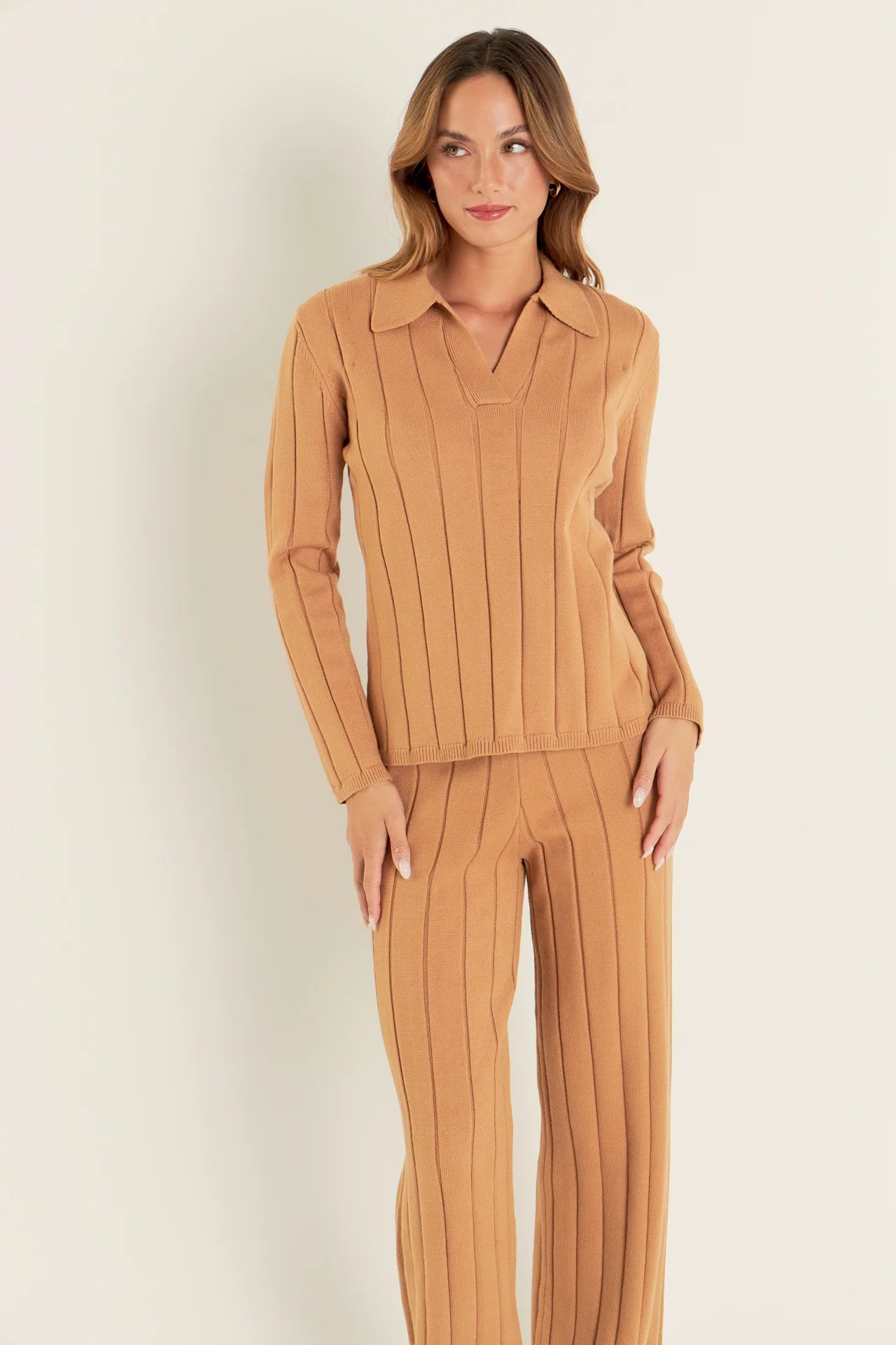 ribbed vneck long sleeve collar sweater honey camel color