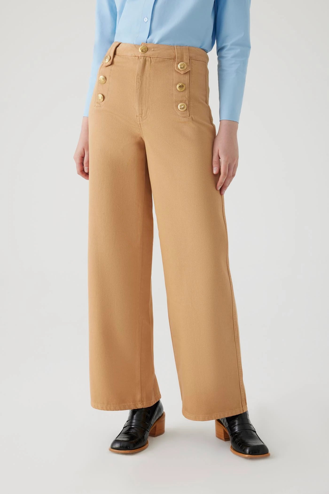 wide leg cropped denim sailor button pants tan