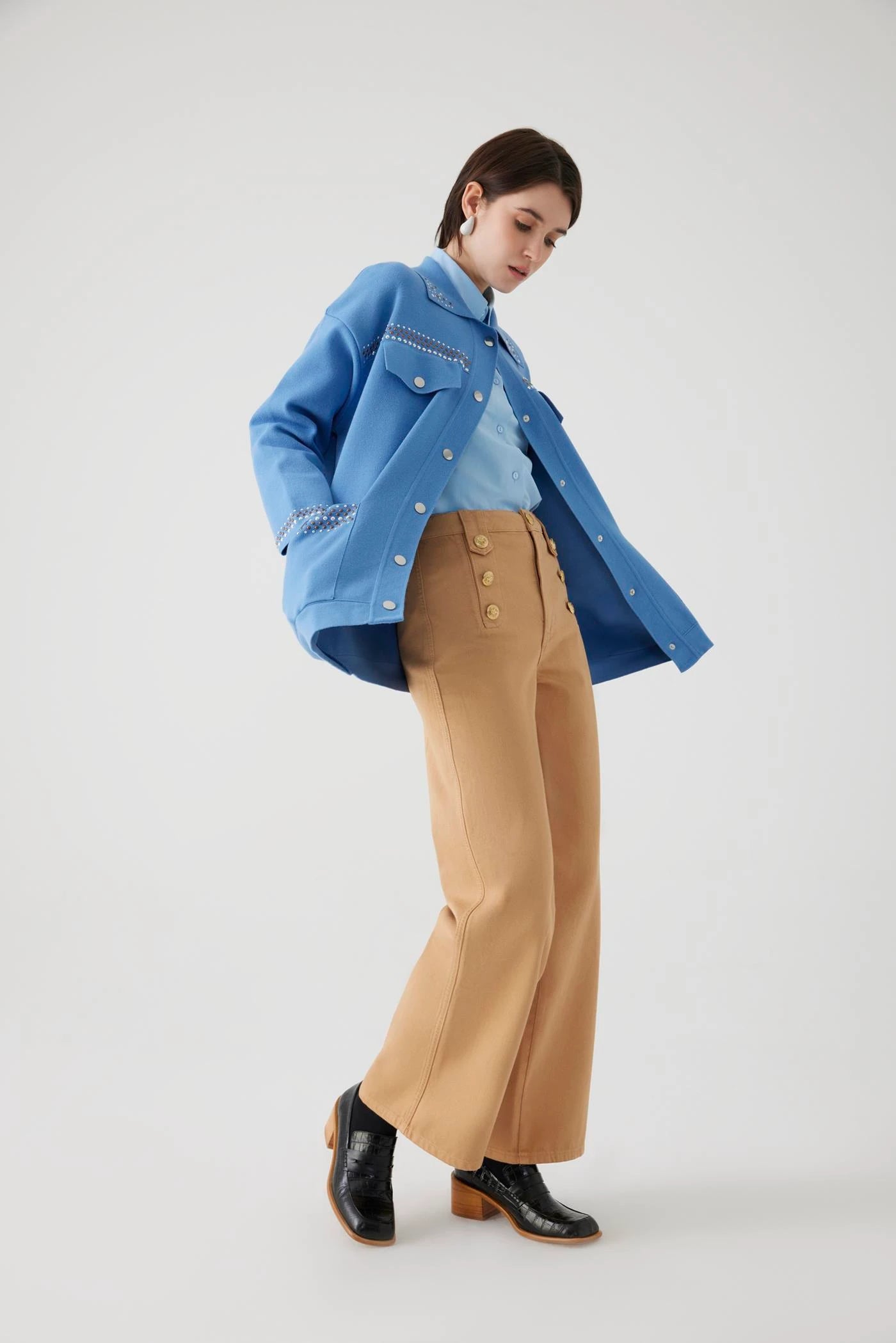 wide leg cropped denim sailor button pants tan