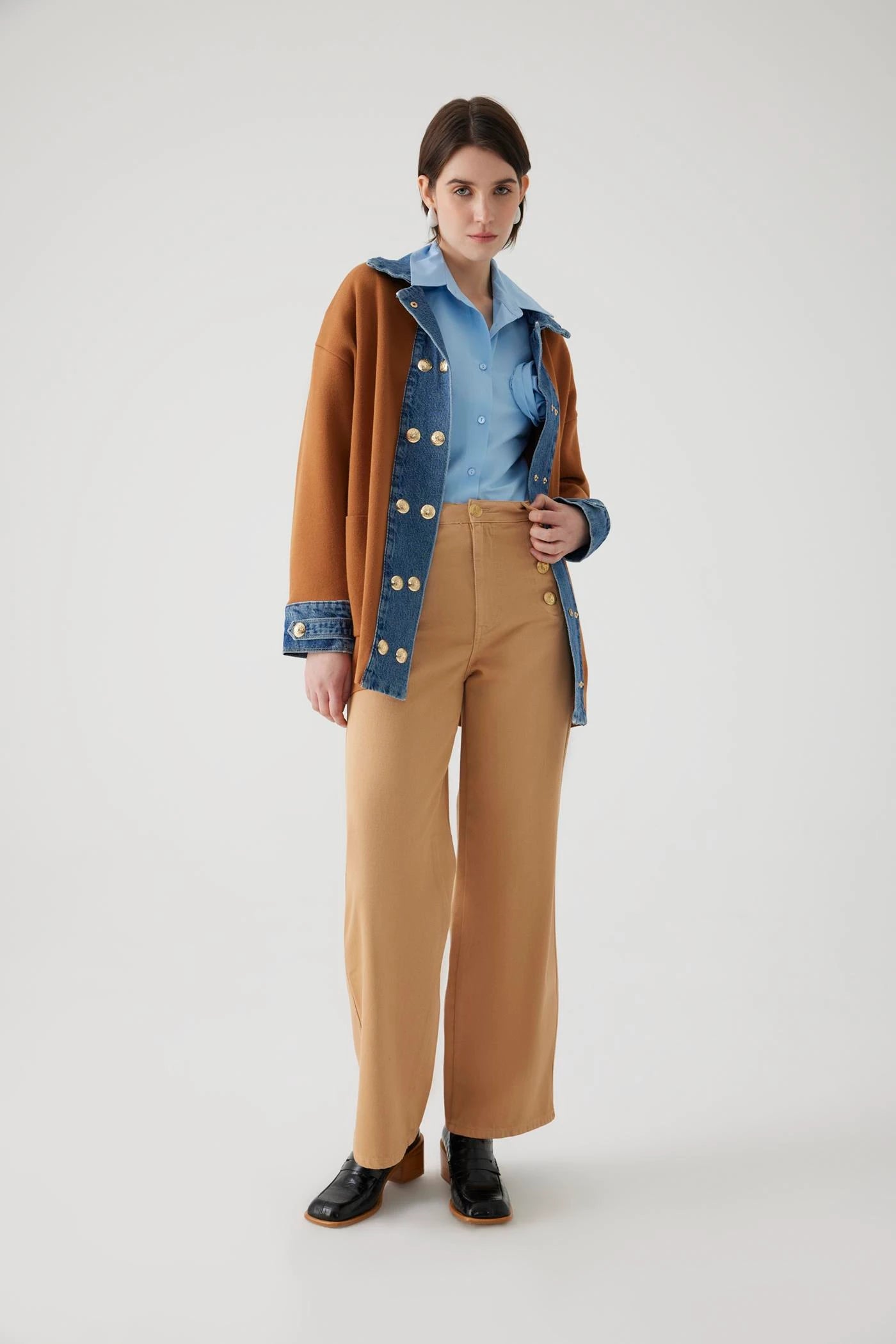 wide leg cropped denim sailor button pants tan