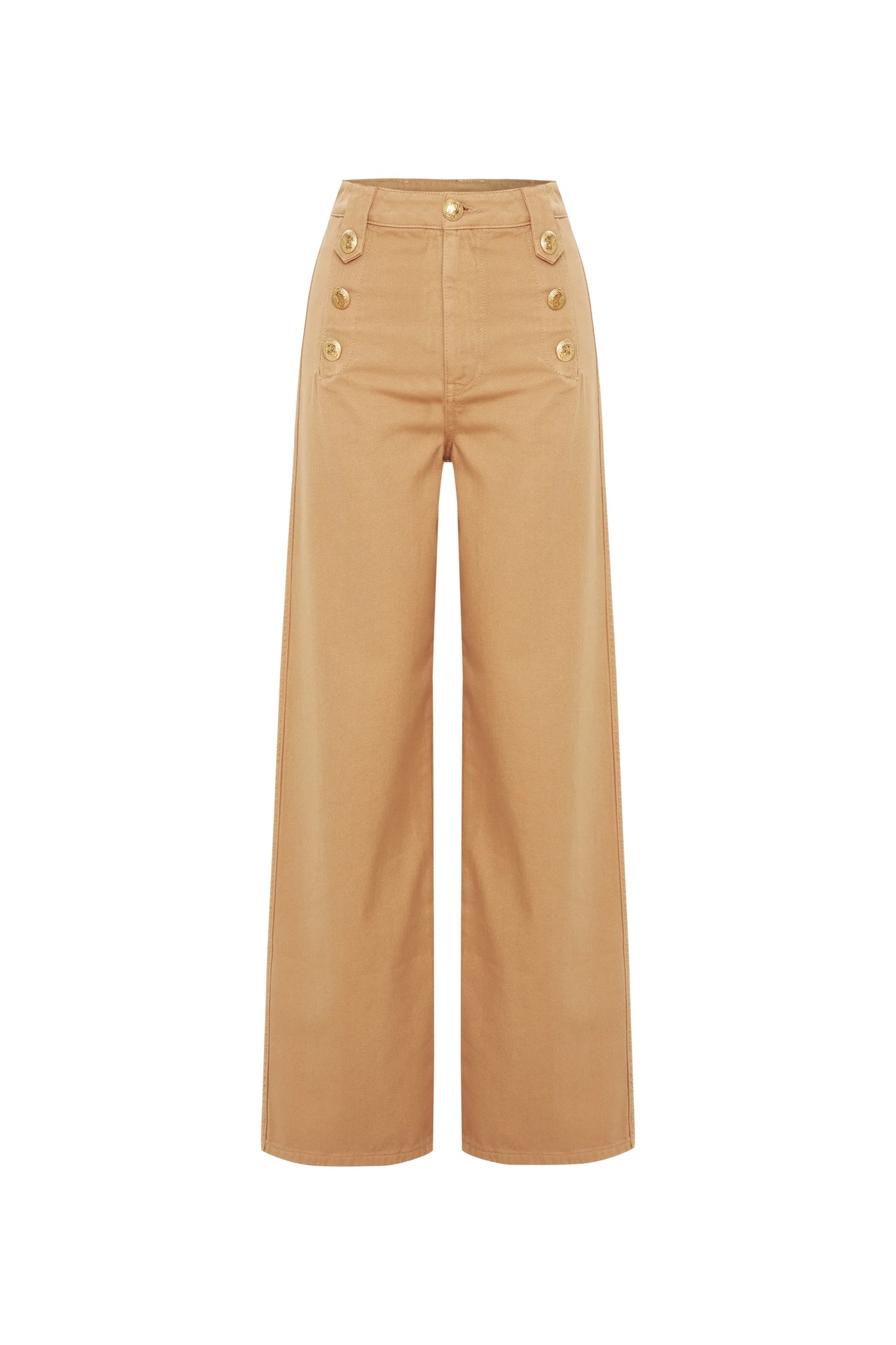 wide leg cropped denim sailor button pants tan