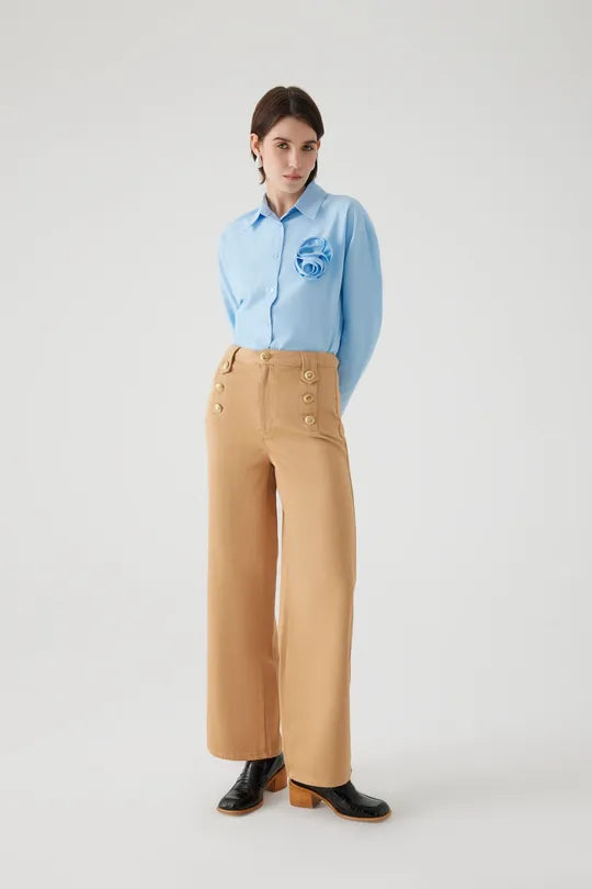 wide leg cropped denim sailor button pants tan