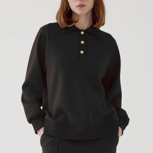 black pullover sweatshirt with gold buttons