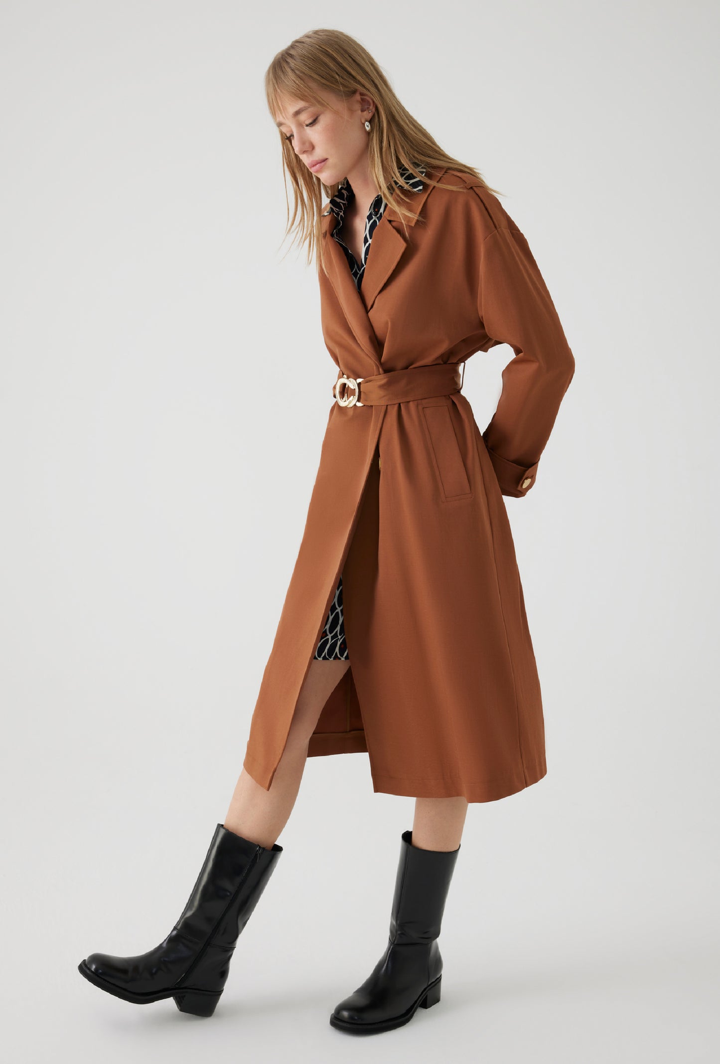 brown trench jacket oversized belt with gold hardware