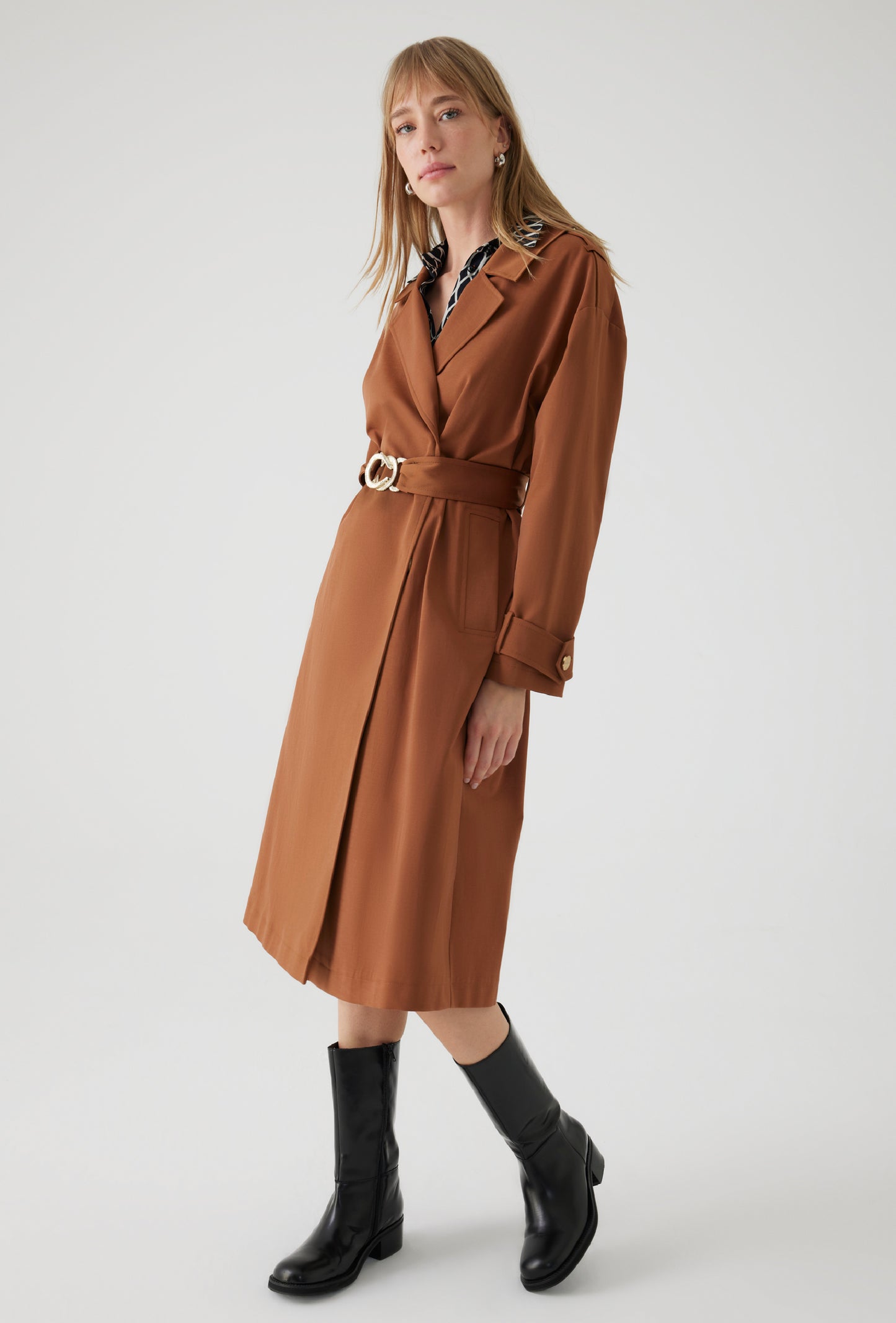 brown trench jacket oversized belt with gold hardware