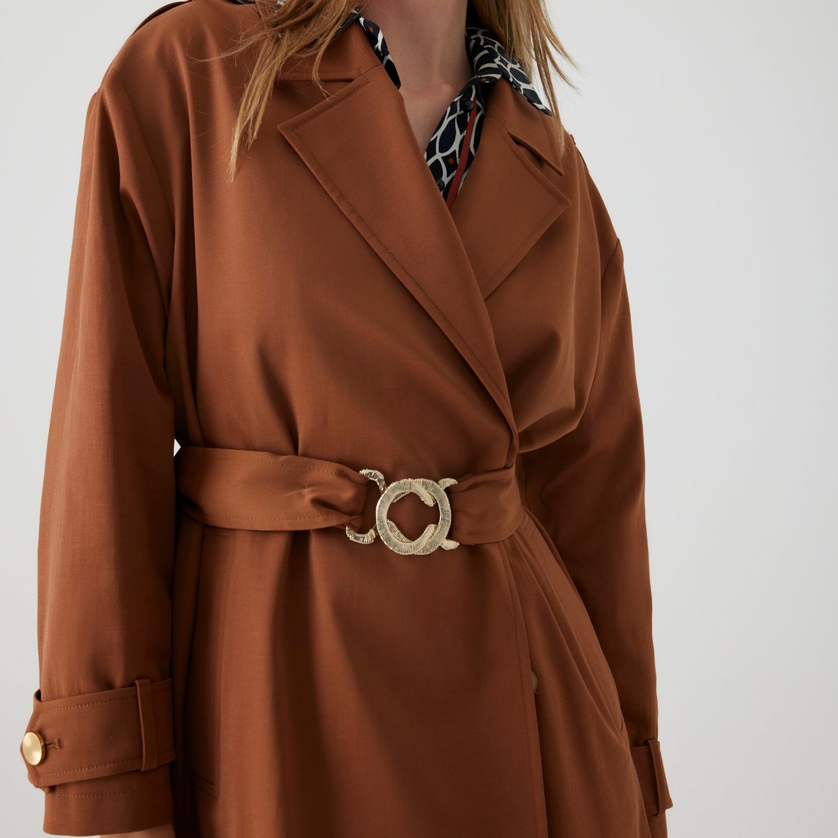 brown trench jacket oversized belt with gold hardware